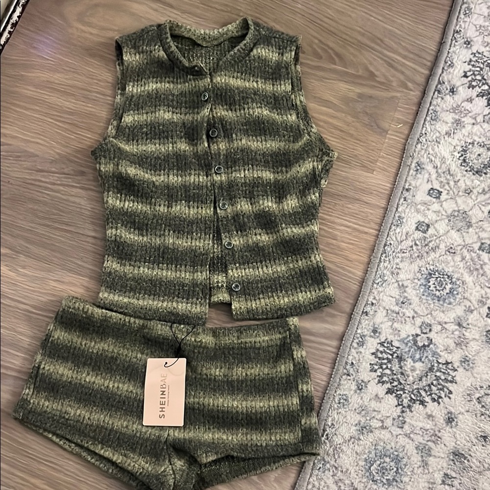 SHEIN Olive and Black Striped Sleeveless Set